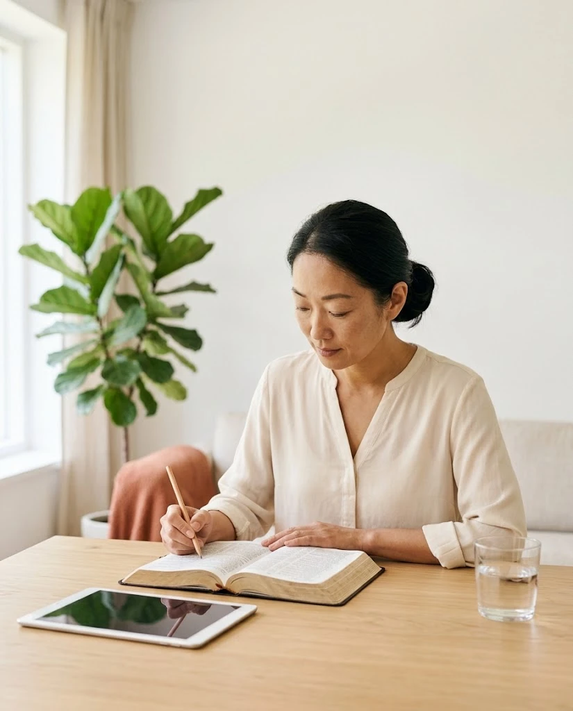 성경과 태블릿을 앞에 두고 연필로 적으며 공부하는 사람