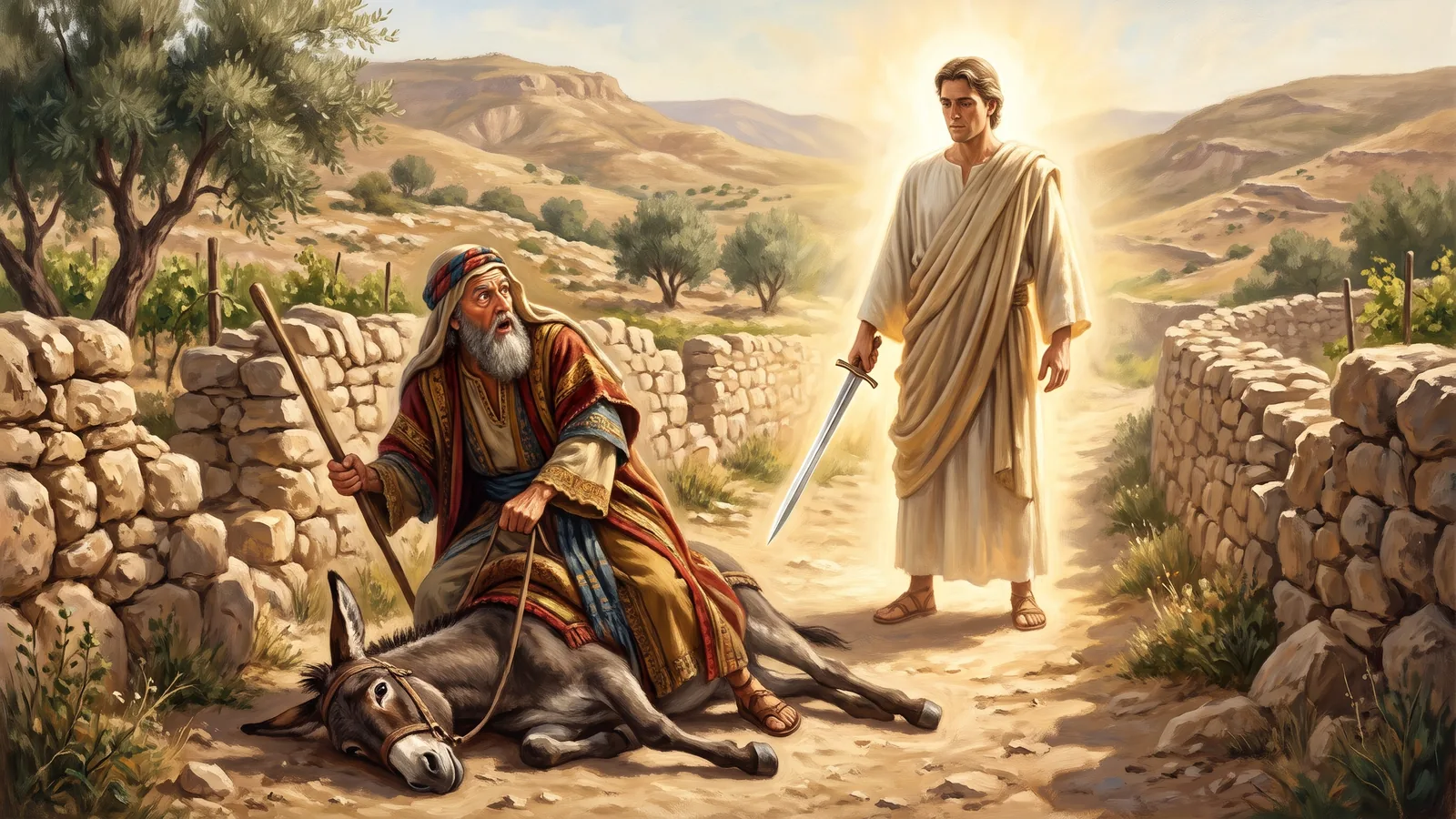 The donkey sees the angel of the LORD on the road