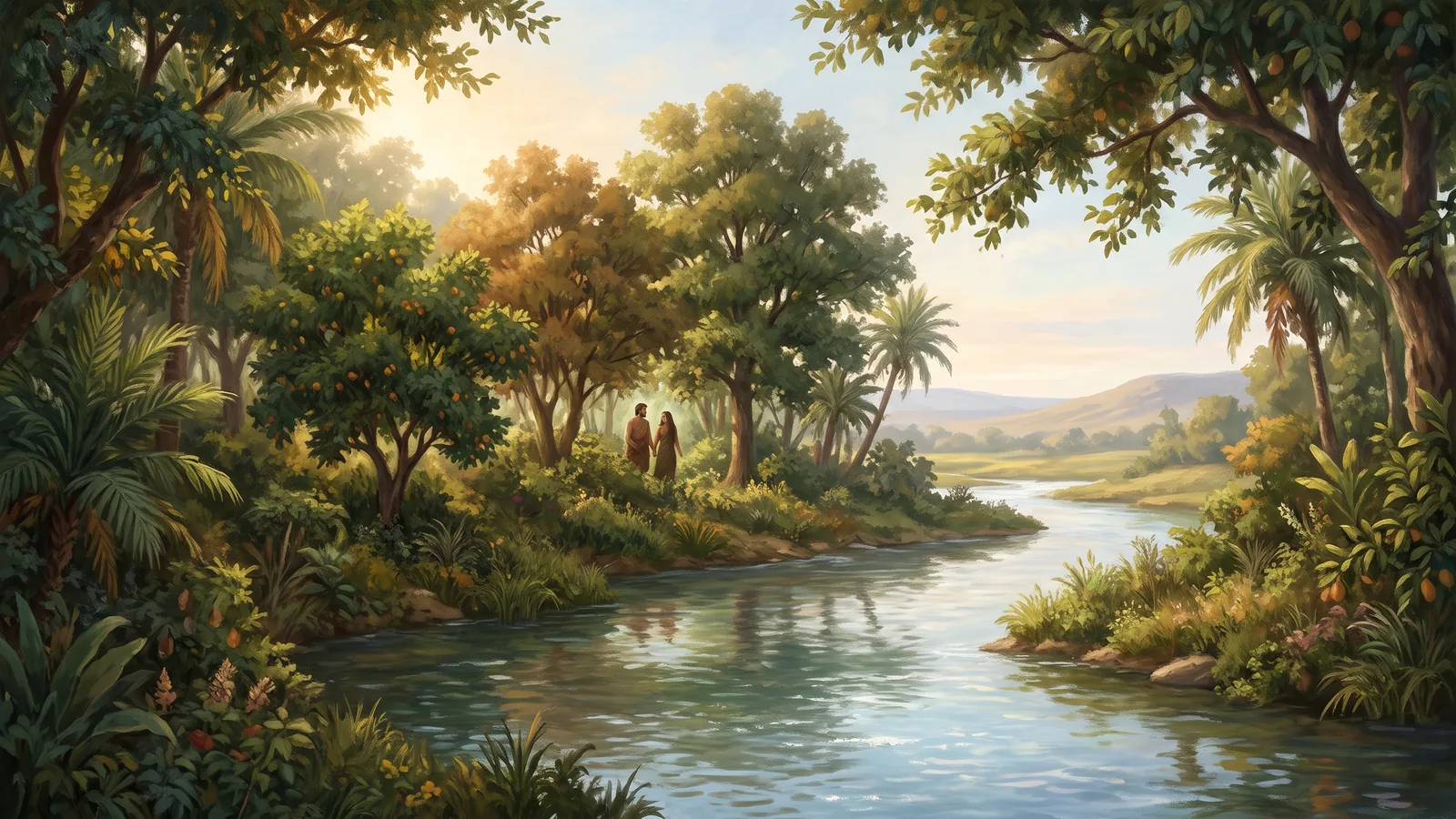 A garden in Eden, from the east, with a river going out to water it