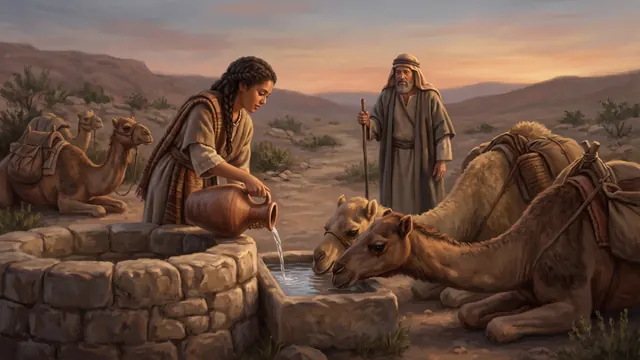 Rebekah draws water for the camels at the well