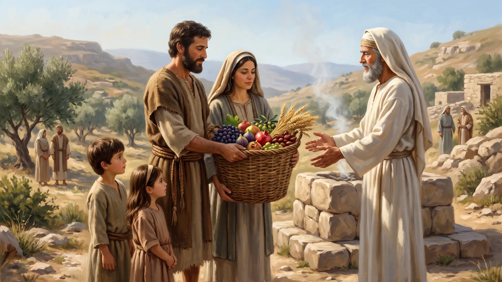 A basket of firstfruits set before the altar